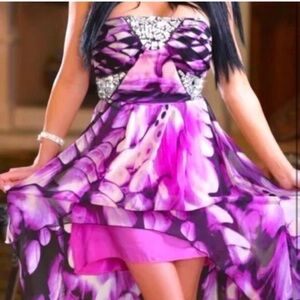 Prom Gala Wedding Guest Embellished Hi Low Rhinestone Gown Lined Dress Size 3/4